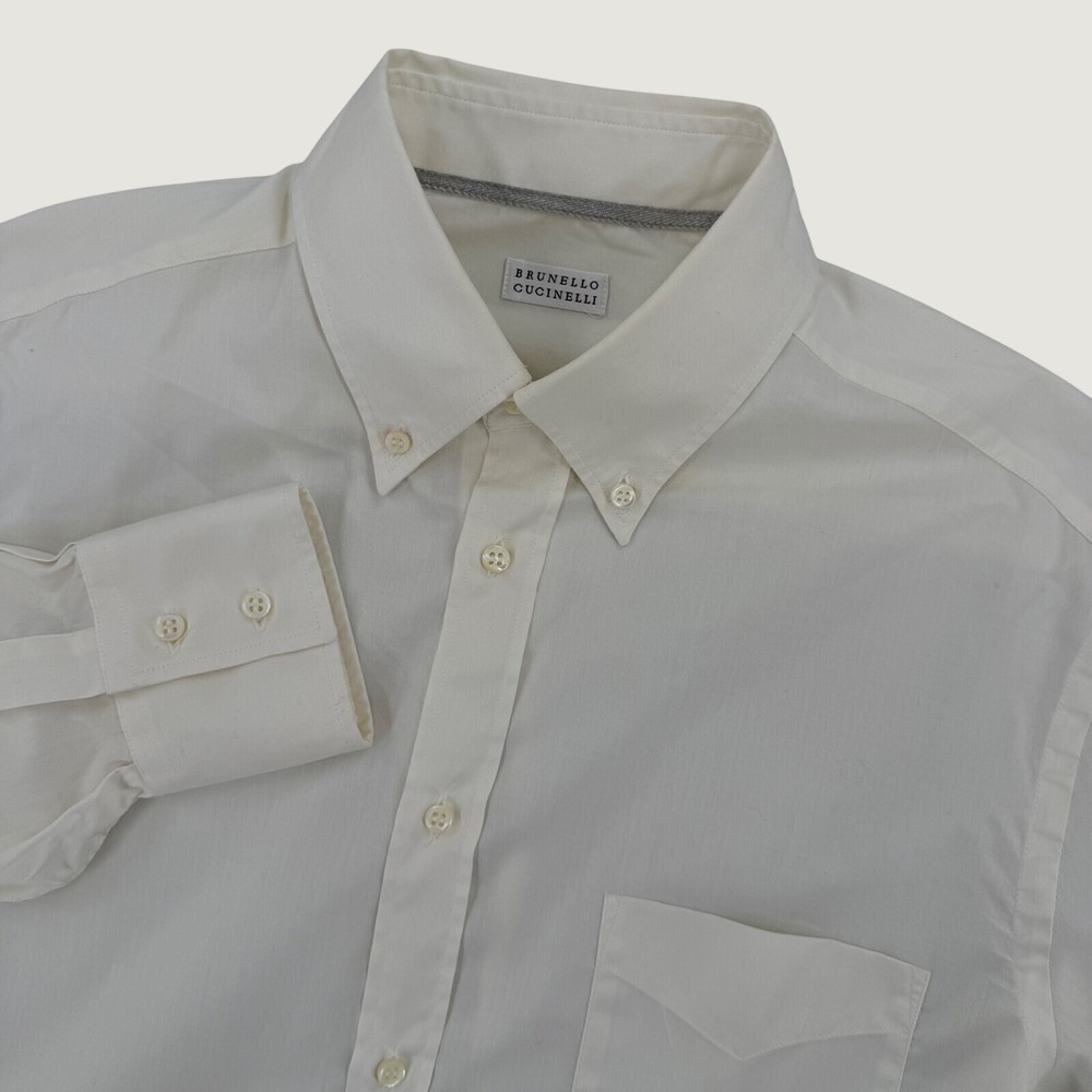 Brunello Cucinelli Long Sleeve Button Down Shirt Mens Large Cotton Cream Luxury
